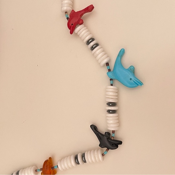 Vintage Heavy Real Stone Rainbow Summer Beach Surfer Vacation Dolphin Necklace - Picture 2 of 10